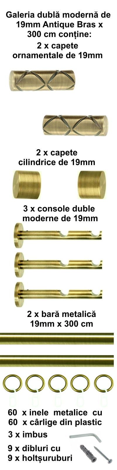 Galerie metalica Ciel dubla moderna 19 mm, antique brass (auriu antic) - imagine 5