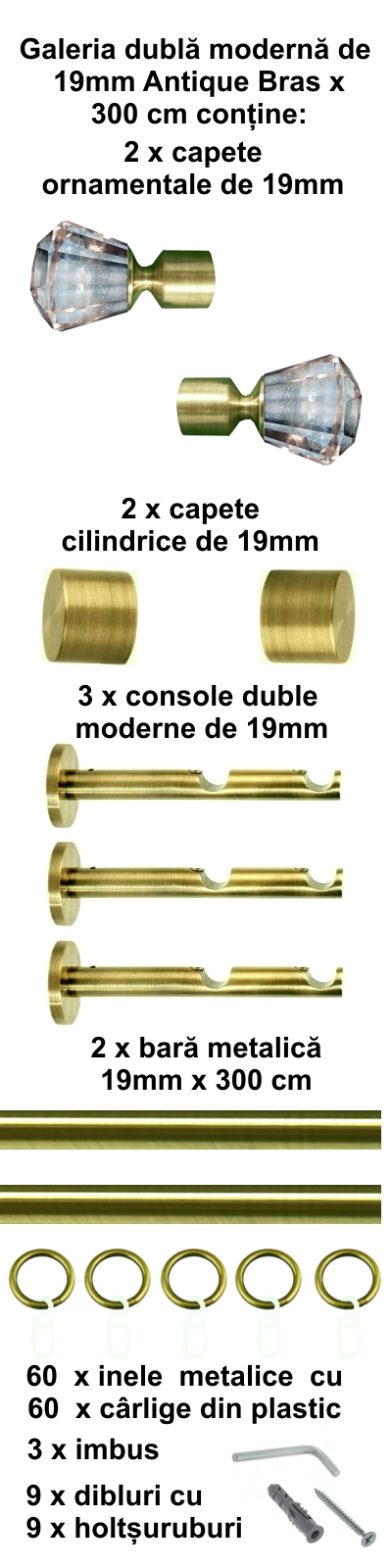 Galerie metalica Cristal dubla moderna 19 mm, antique brass (auriu antic) - imagine 5