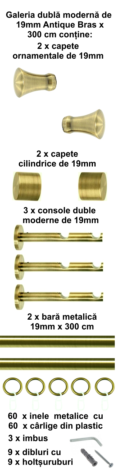 Galerie metalica Monaco dubla moderna 19 mm, antique brass (auriu antic) - imagine 5