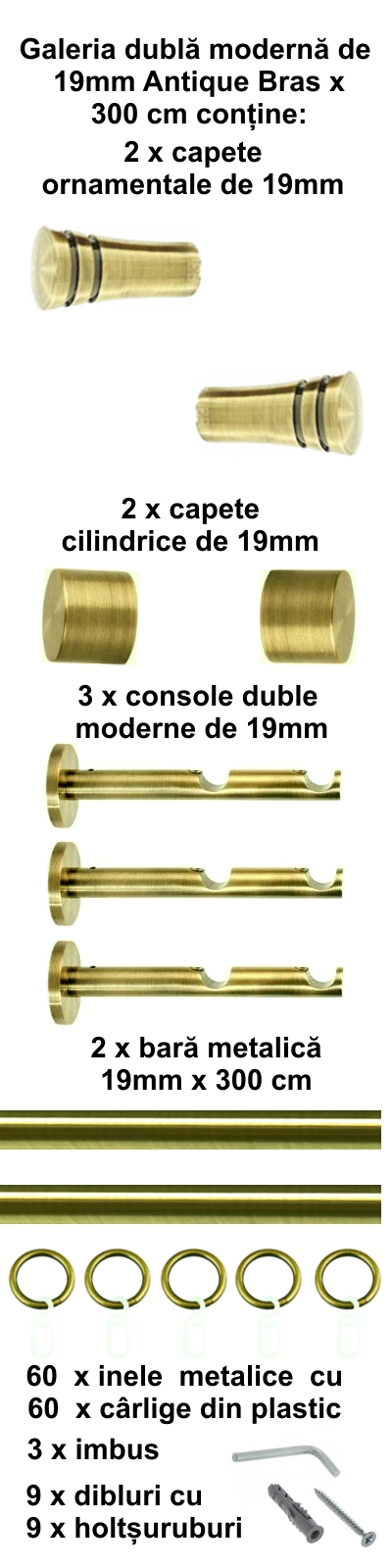 Galerie metalica Paola dubla moderna 19 mm, antique brass (auriu antic) - imagine 12