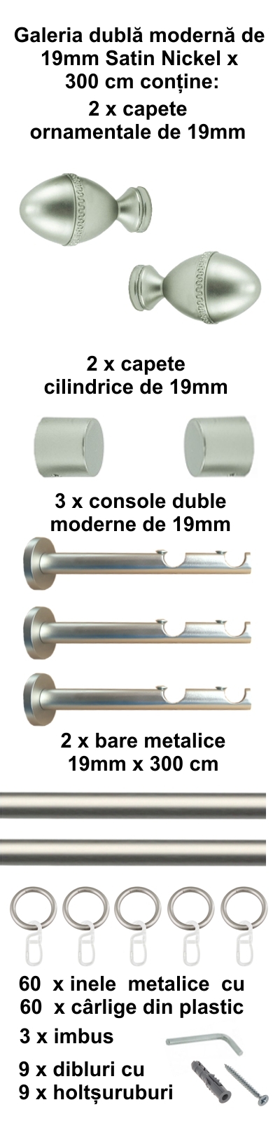Galerie metalica Cezar dubla moderna 19 mm, satin nichel (argintiu mat) - imagine 6