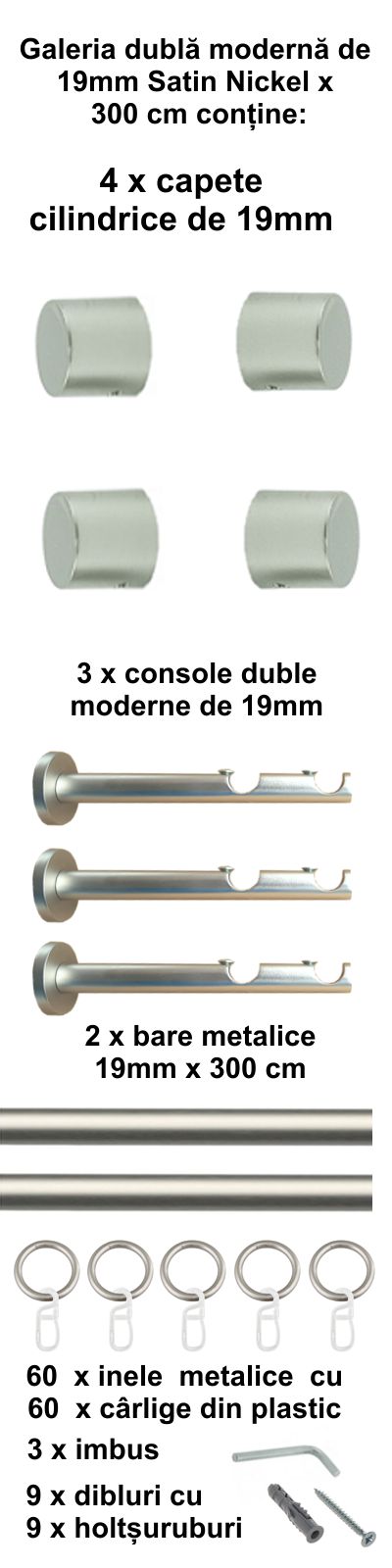Galerie metalica Luna dubla moderna 19 mm, satin nichel (argintiu mat) - imagine 6