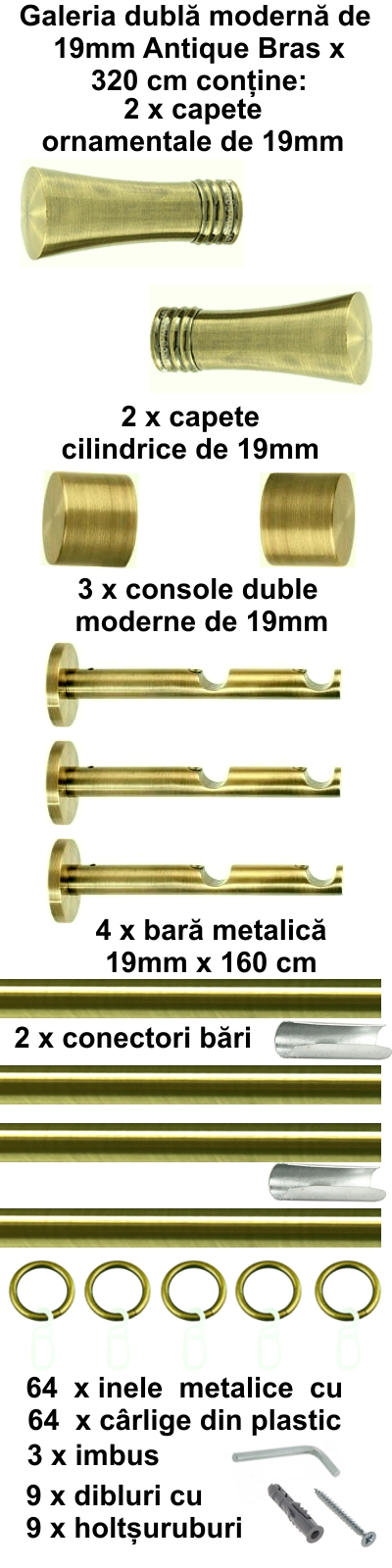 Galerie metalica Ahile dubla moderna 19 mm, antique brass (auriu antic) - imagine 6