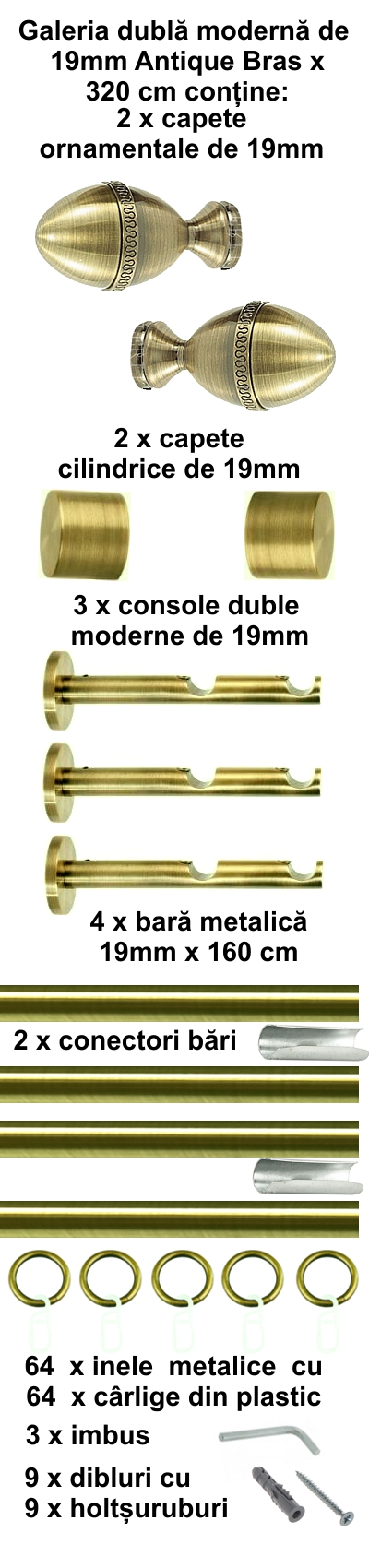 Galerie metalica Cezar dubla moderna 19 mm, antique brass (auriu antic) - imagine 6