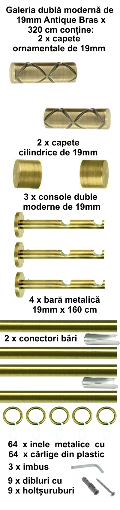 Galerie metalica Ciel dubla moderna 19 mm, antique brass (auriu antic) - imagine 6