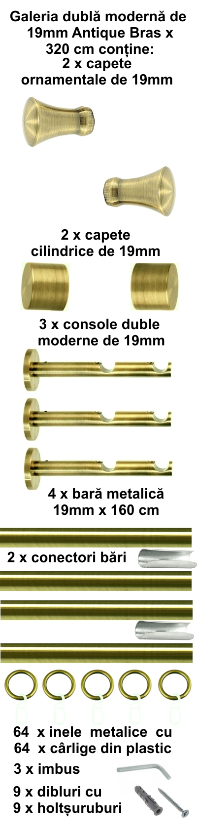 Galerie metalica Monaco dubla moderna 19 mm, antique brass (auriu antic) - imagine 6
