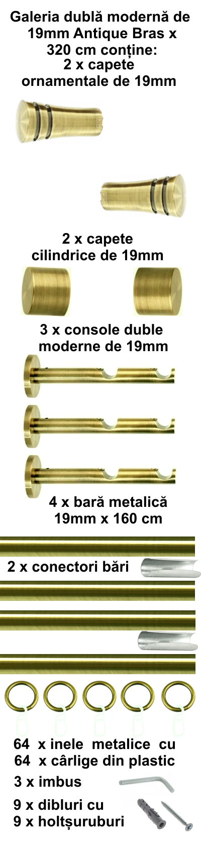 Galerie metalica Paola dubla moderna 19 mm, antique brass (auriu antic) - imagine 13