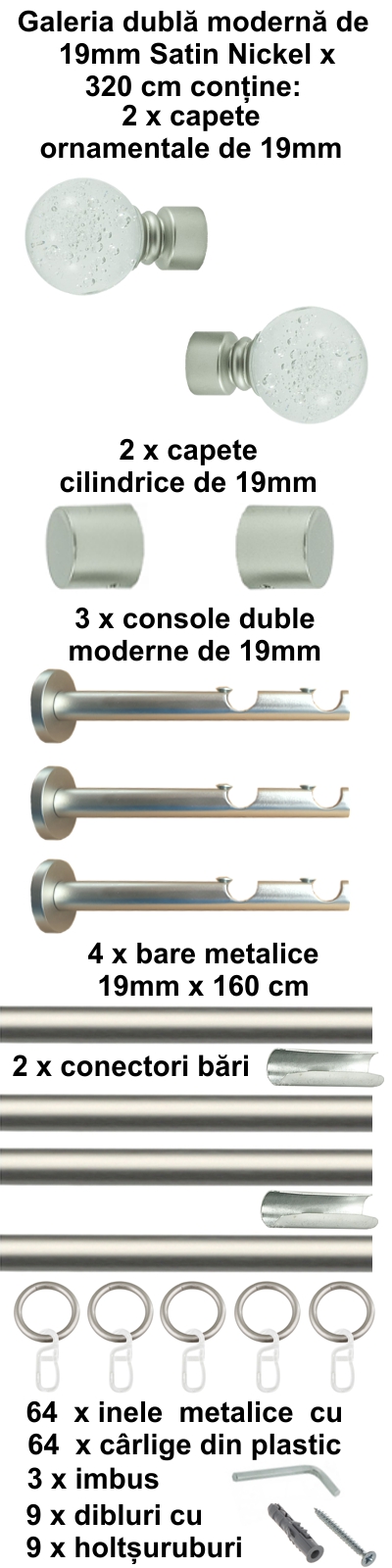 Galerie metalica Buble dubla moderna 19 mm, satin nichel (argintiu mat) - imagine 7
