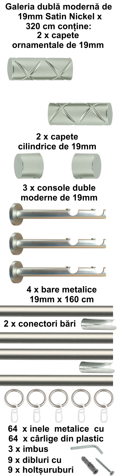 Galerie metalica Ciel dubla moderna 19 mm, satin nichel (argintiu mat) - imagine 7