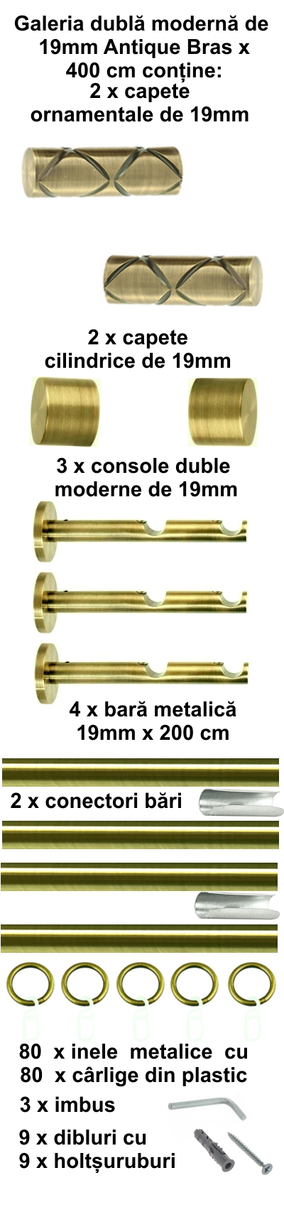 Galerie metalica Ciel dubla moderna 19 mm, antique brass (auriu antic) - imagine 8