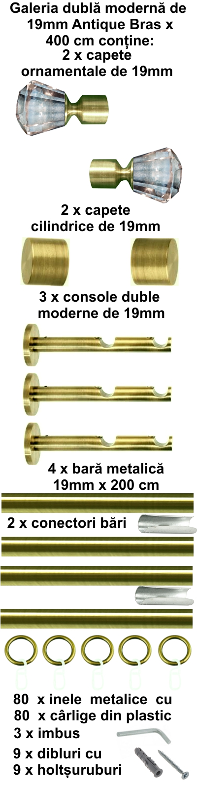 Galerie metalica Cristal simpla 19 mm, antique brass (auriu antic) - imagine 7