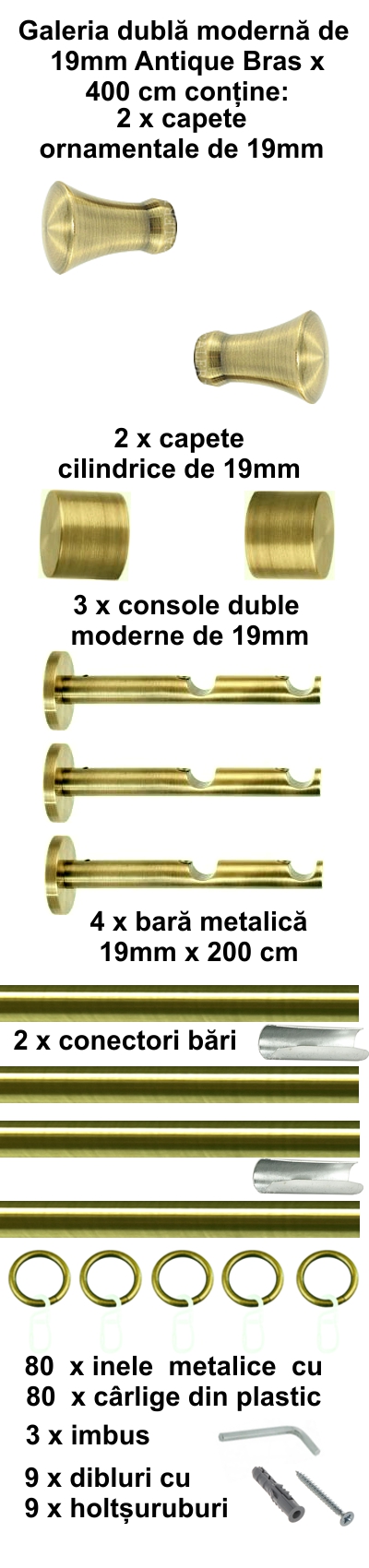 Galerie metalica Monaco dubla moderna 19 mm, antique brass (auriu antic) - imagine 8