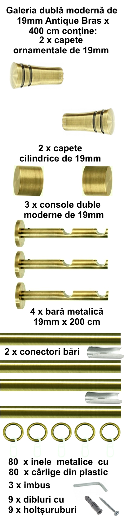 Galerie metalica Paola dubla moderna 19 mm, antique brass (auriu antic) - imagine 14