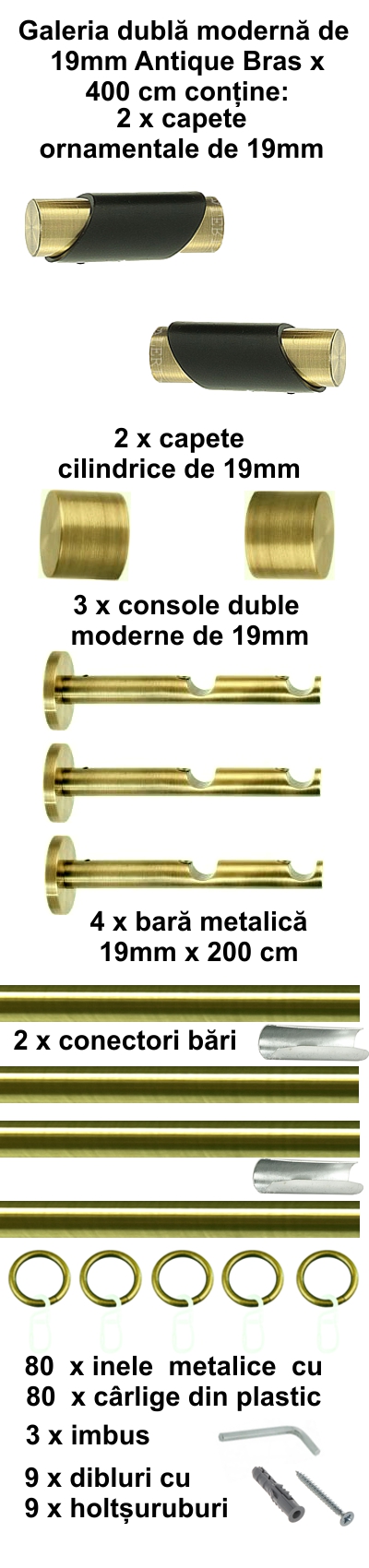 Galerie metalica Paris dubla moderna 19 mm, antique brass (auriu antic) - imagine 8