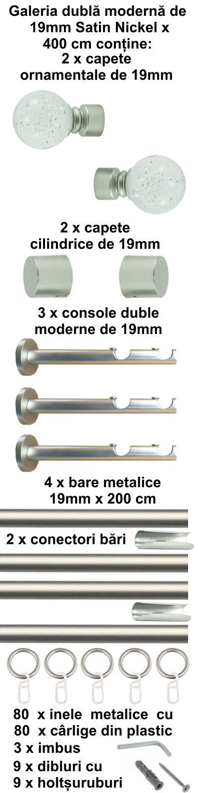 Galerie metalica Buble dubla moderna 19 mm, satin nichel (argintiu mat) - imagine 8