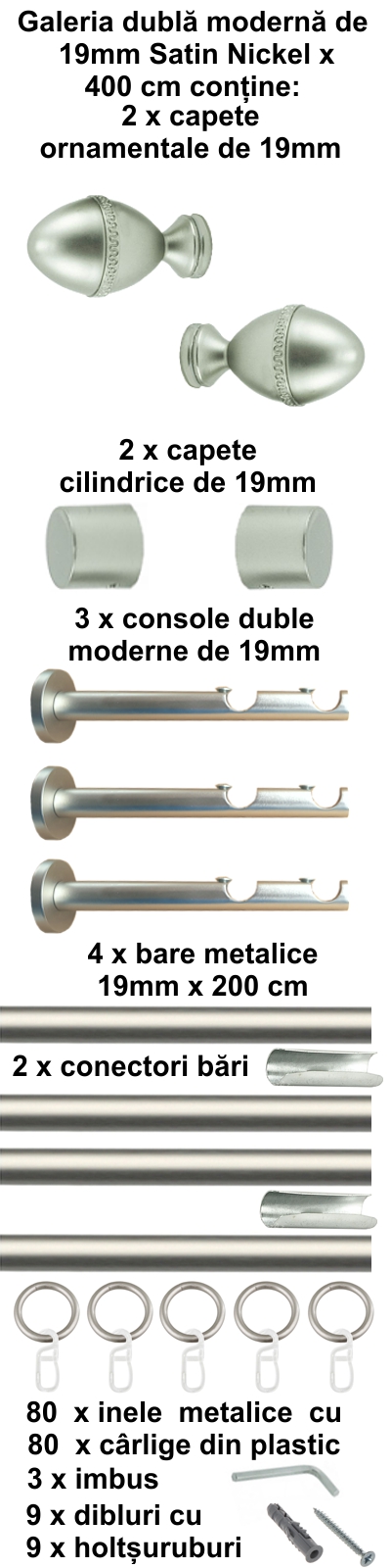 Galerie metalica Cezar dubla moderna 19 mm, satin nichel (argintiu mat) - imagine 8
