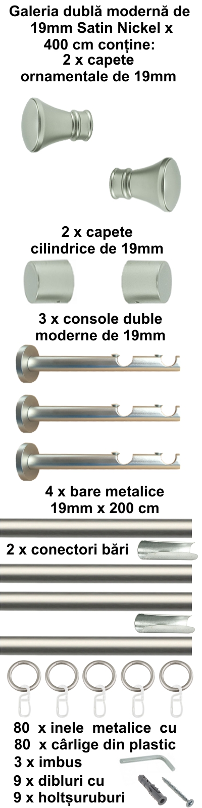 Galerie metalica Conic dubla moderna 19 mm, satin nichel (argintiu mat) - imagine 8