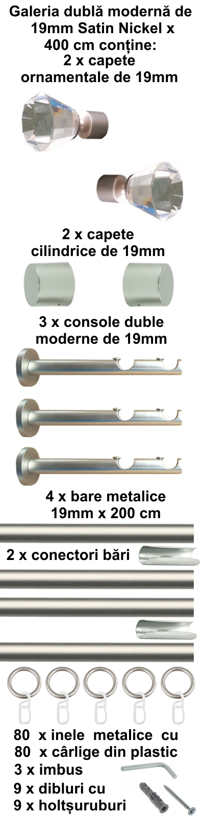 Galerie metalica Cristal dubla moderna 19 mm, satin nichel (argintiu mat) - imagine 8