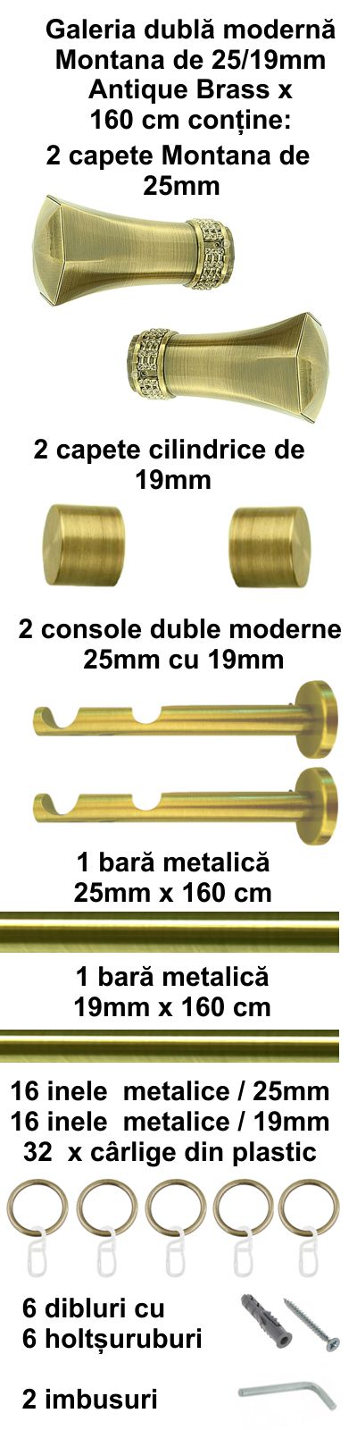 Galerie metalica Montana dubla moderna 25 mm, antique brass (auriu antic) - imagine 2