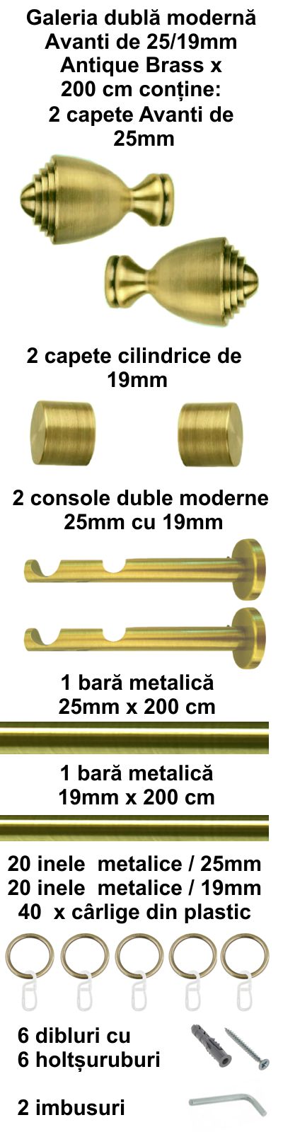 Galerie metalica Avanti dubla moderna 25 mm, antique brass (auriu antic) - imagine 2