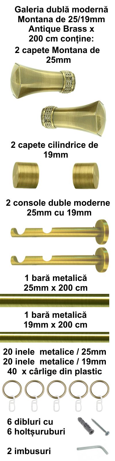 Galerie metalica Montana dubla moderna 25 mm, antique brass (auriu antic) - imagine 4