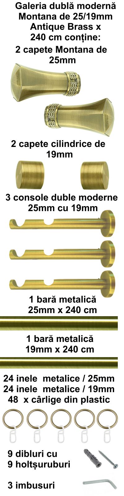 Galerie metalica Montana dubla moderna 25 mm, antique brass (auriu antic) - imagine 5
