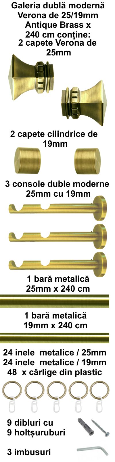 Galerie metalica Verona dubla moderna 25 mm, antique brass (auriu antic) - imagine 5