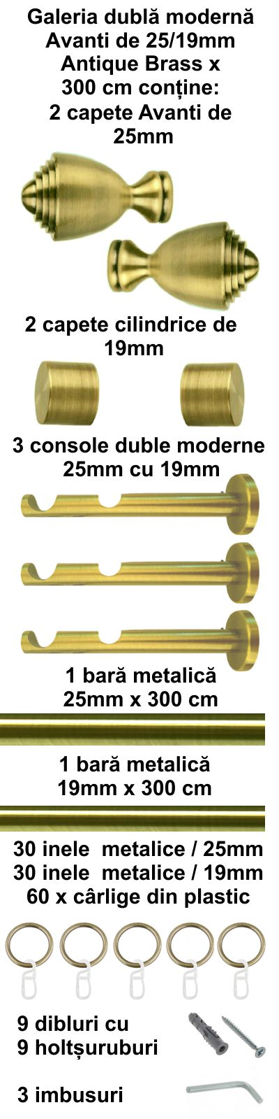 Galerie metalica Avanti dubla moderna 25 mm, antique brass (auriu antic) - imagine 4