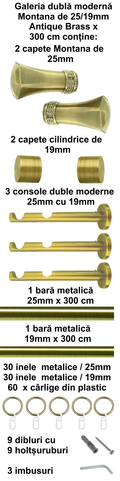 Galerie metalica Montana dubla moderna 25 mm, antique brass (auriu antic) - imagine 6