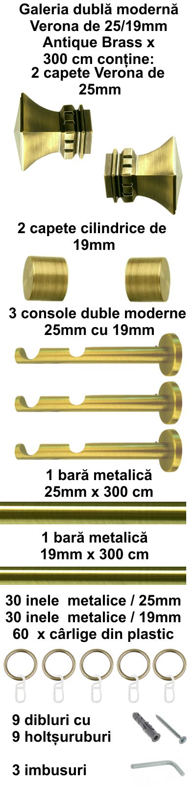 Galerie metalica Verona dubla moderna 25 mm, antique brass (auriu antic) - imagine 6