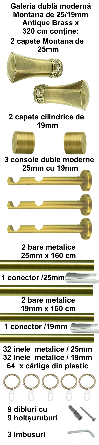 Galerie metalica Montana dubla moderna 25 mm, antique brass (auriu antic) - imagine 7