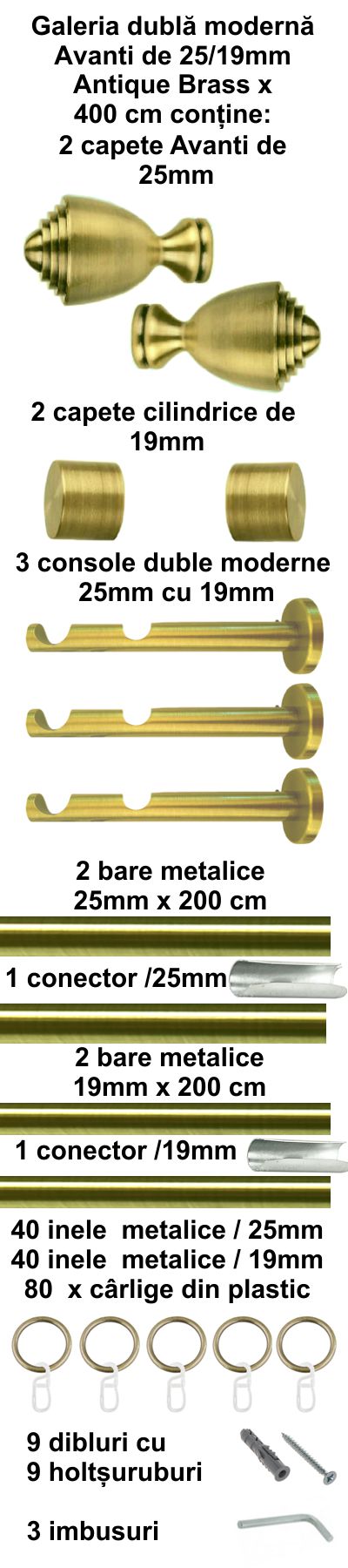 Galerie metalica Avanti dubla moderna 25 mm, antique brass (auriu antic) - imagine 5