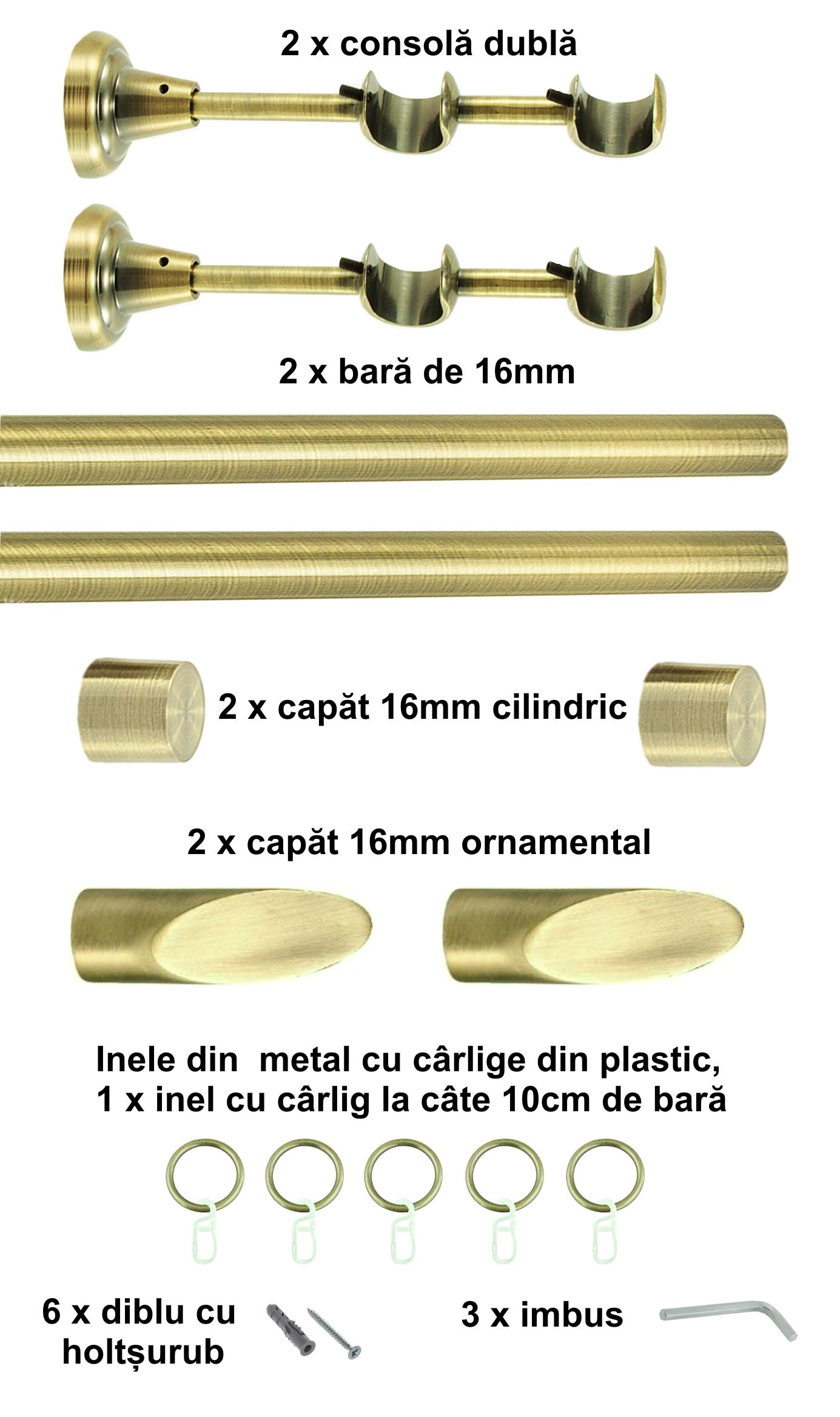 Galerie metalica Alexia dubla 16 mm, antique brass (auriu antic) - imagine 2