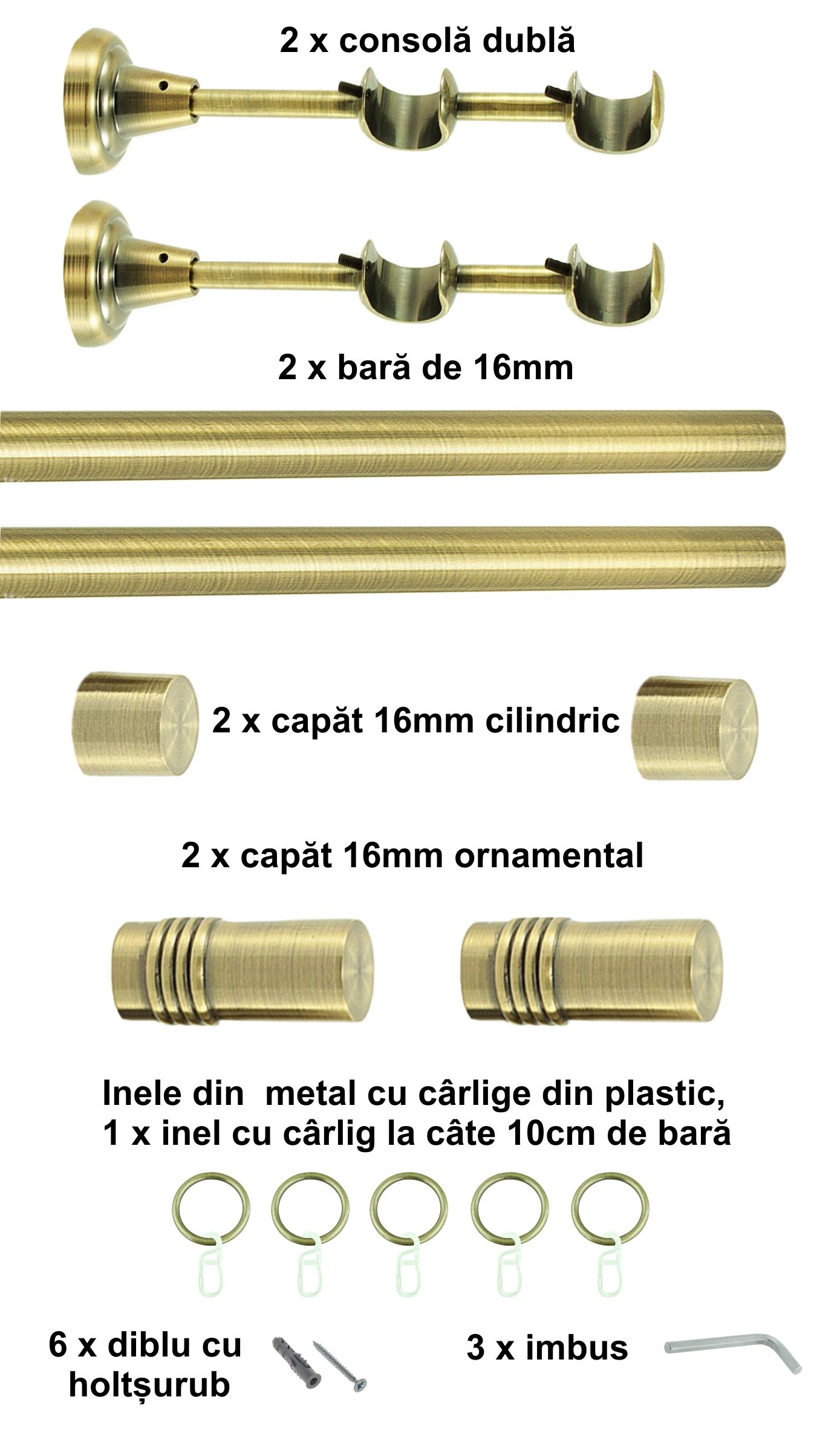 Galerie metalica Celtex dubla 16 mm, antique brass (auriu antic) - imagine 2