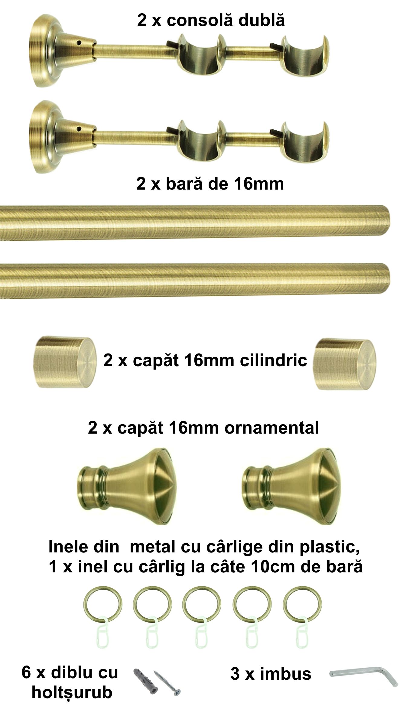 Galerie metalica Conic dubla 16 mm, antique brass (auriu antic) - imagine 2