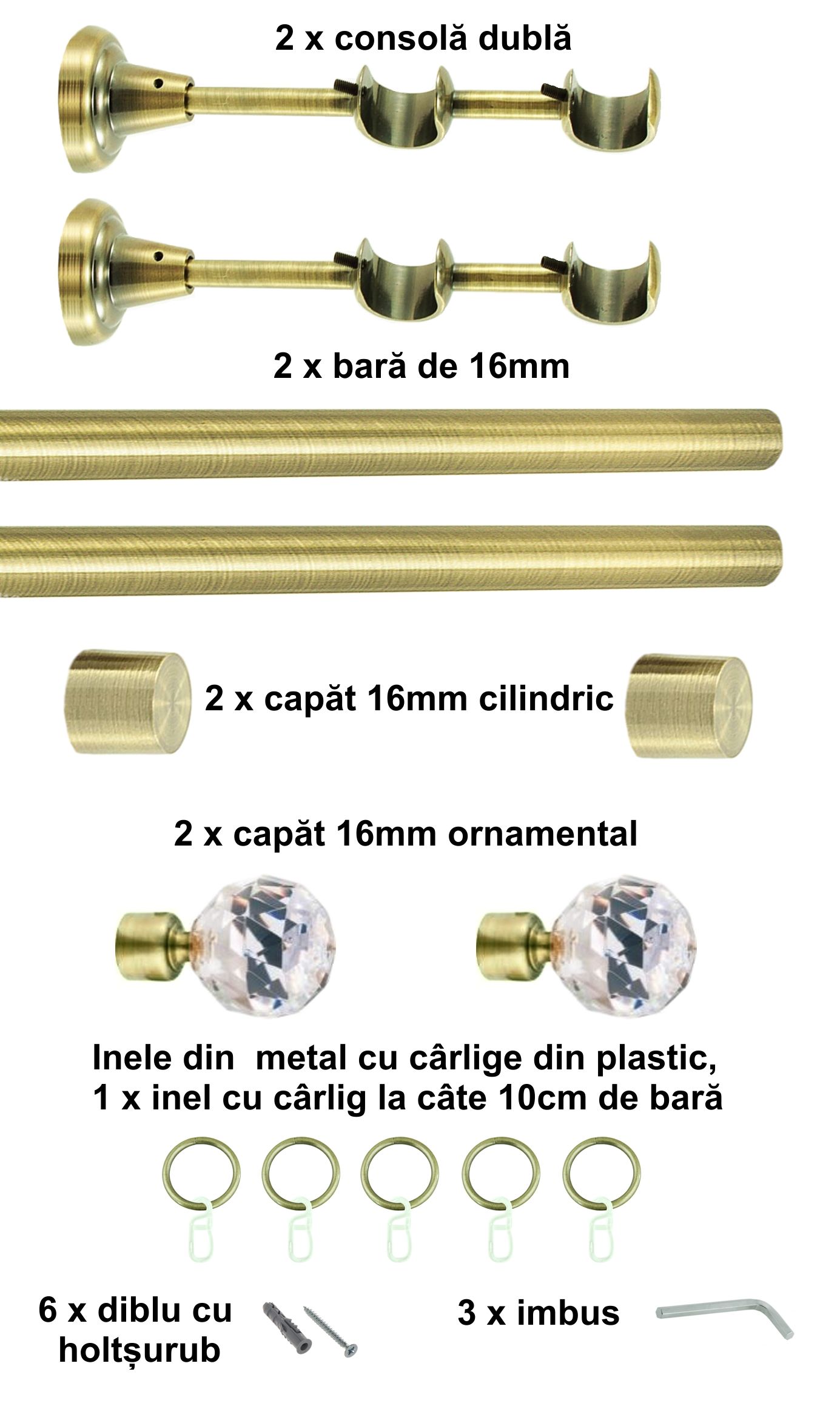 Galerie metalica Cristal dubla 16 mm, antique brass (auriu antic) - imagine 2