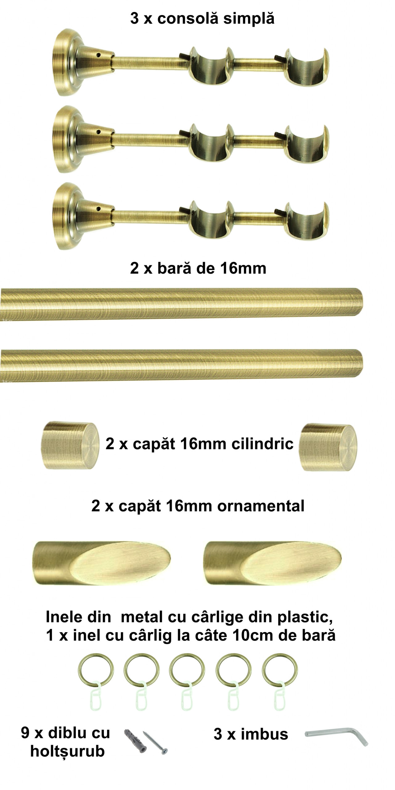 Galerie metalica Alexia dubla 16 mm, antique brass (auriu antic) - imagine 5