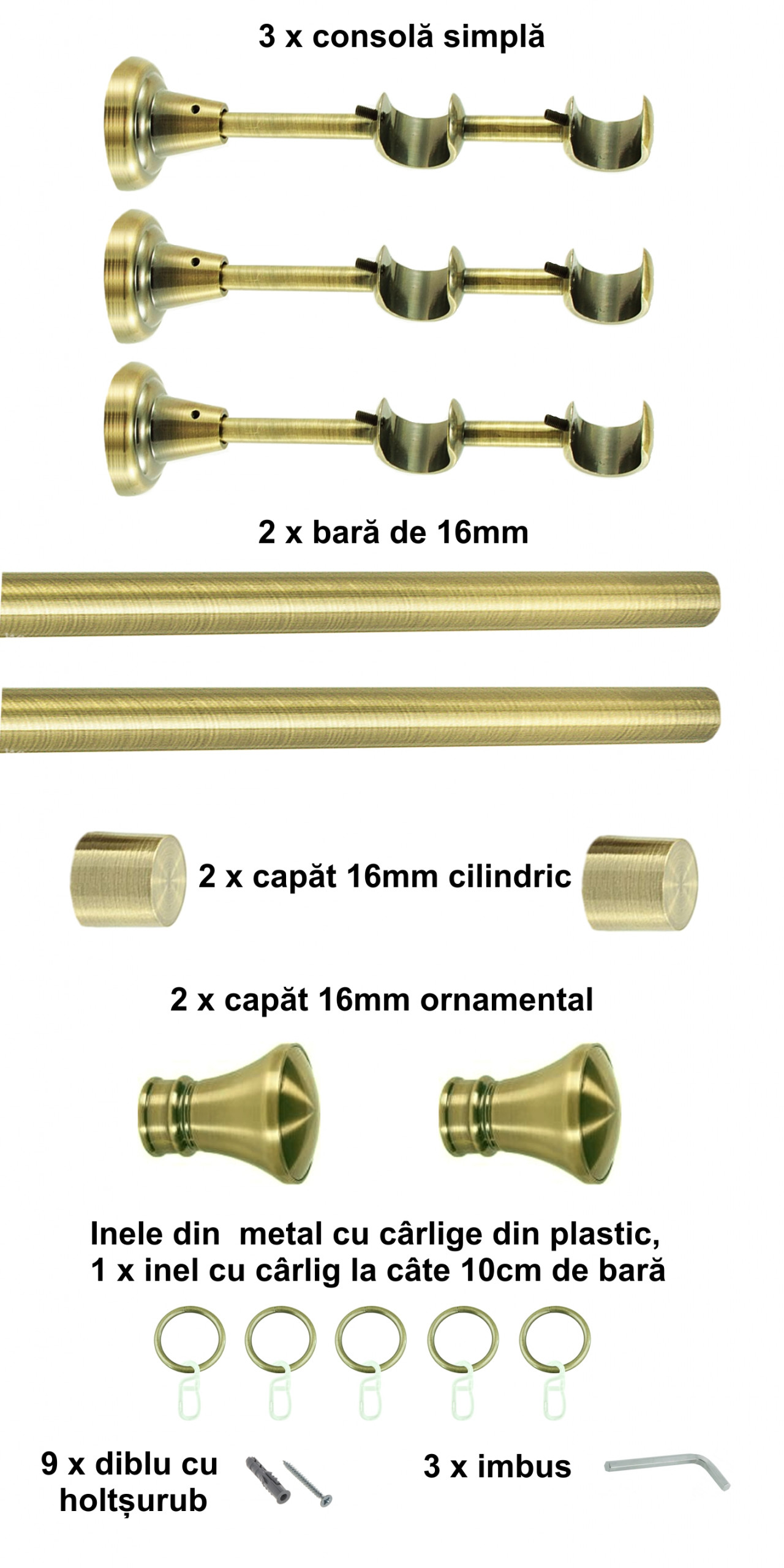 Galerie metalica Conic dubla 16 mm, antique brass (auriu antic) - imagine 5