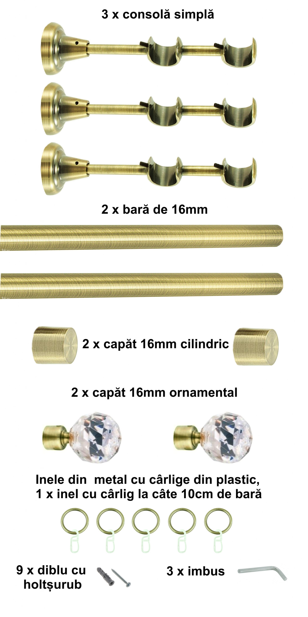 Galerie metalica Cristal dubla 16 mm, antique brass (auriu antic) - imagine 5