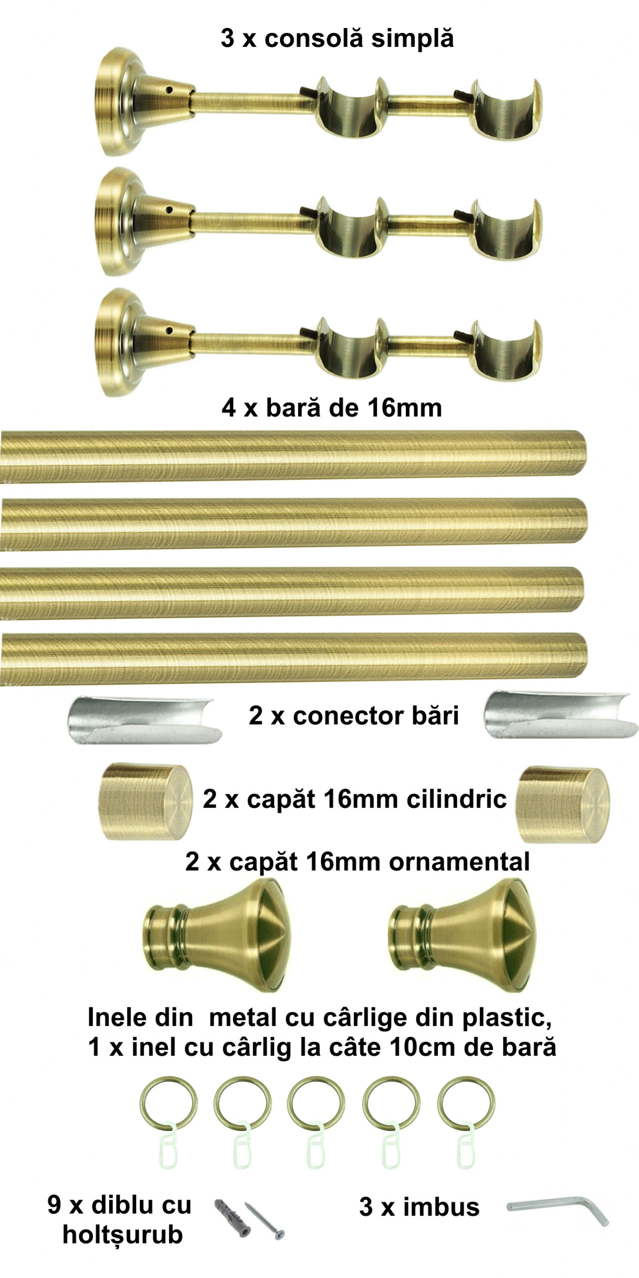 Galerie metalica Conic dubla 16 mm, antique brass (auriu antic) - imagine 6