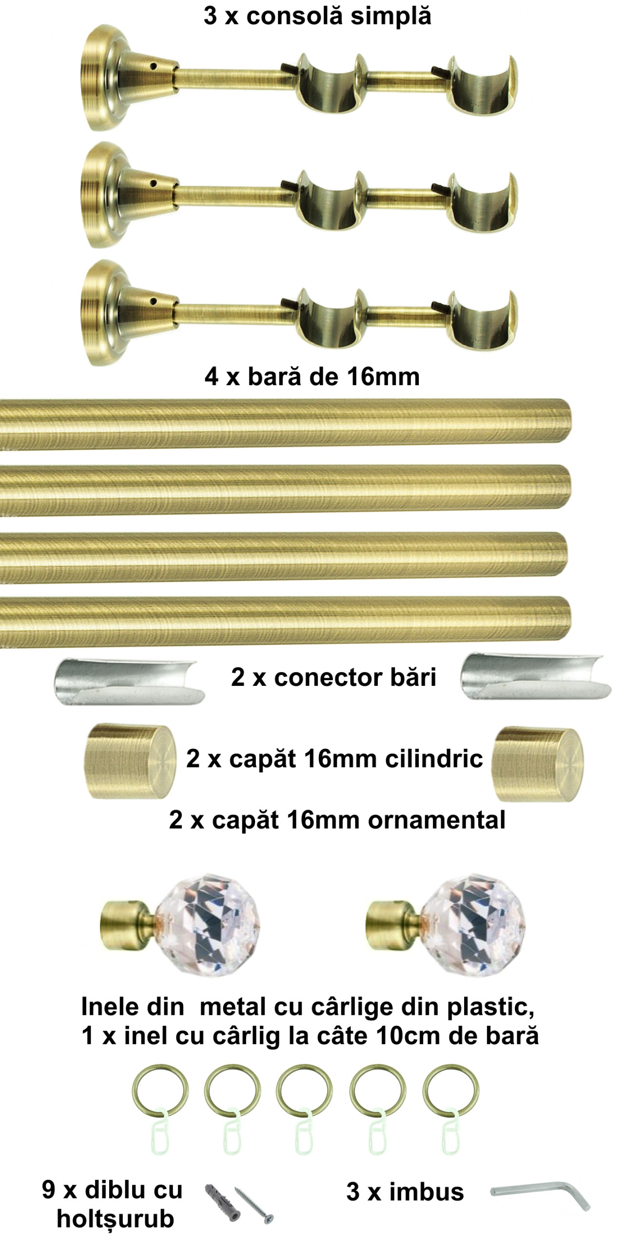 Galerie metalica Cristal dubla 16 mm, antique brass (auriu antic) - imagine 6