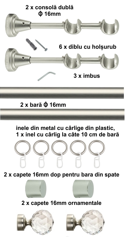 Galerie metalica Cristal dubla 16 mm, satin nichel (argintiu mat) - imagine 2