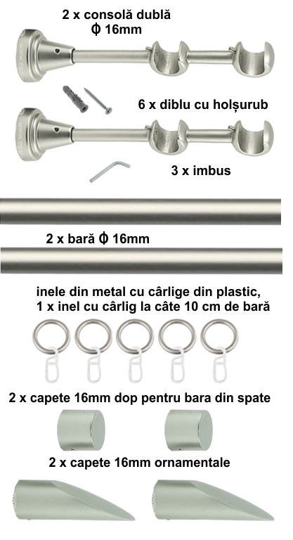 Galerie metalica Alexia dubla 16 mm, satin nichel (argintiu mat) - imagine 2