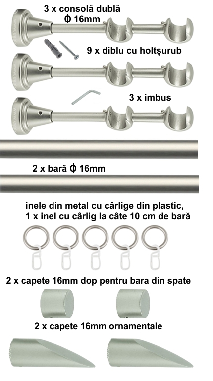 Galerie metalica Alexia dubla 16 mm, satin nichel (argintiu mat) - imagine 5