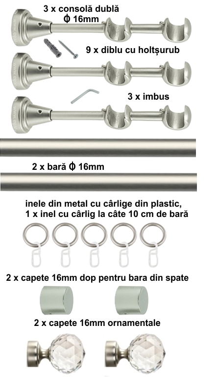 Galerie metalica Cristal dubla 16 mm, satin nichel (argintiu mat) - imagine 5