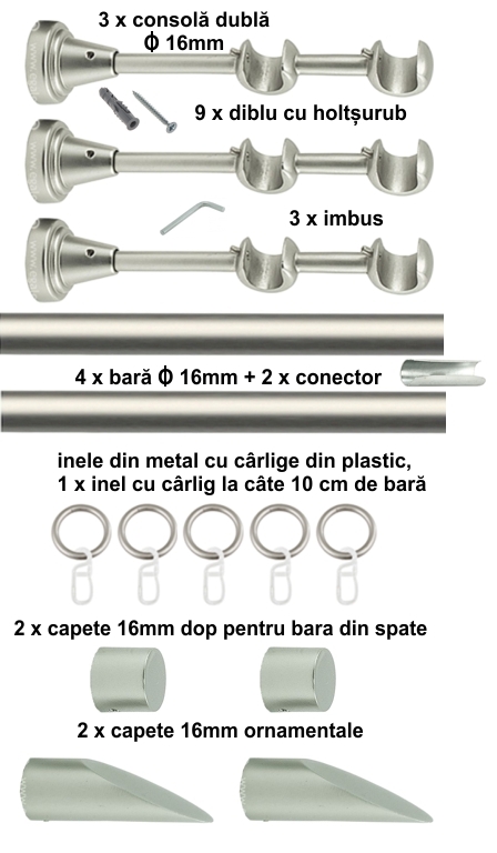 Galerie metalica Alexia dubla 16 mm, satin nichel (argintiu mat) - imagine 7