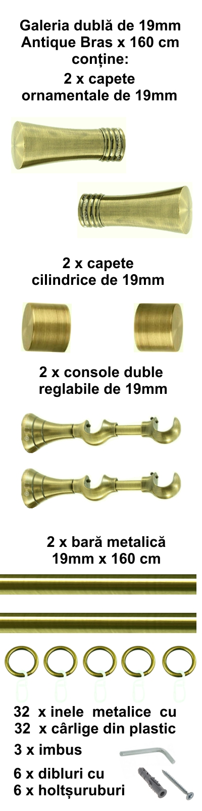 Galerie metalica Ahile dubla 19 mm, antique brass (auriu antic) - imagine 2