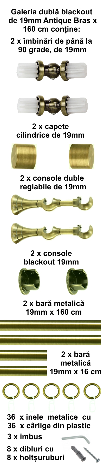 Galerie metalica Blackout dubla 19 mm, antique brass (auriu antic) - imagine 2