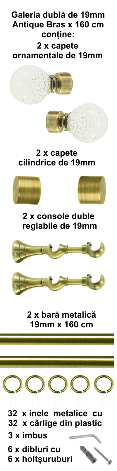 Galerie metalica Buble dubla 19 mm, antique brass (auriu antic) - imagine 2