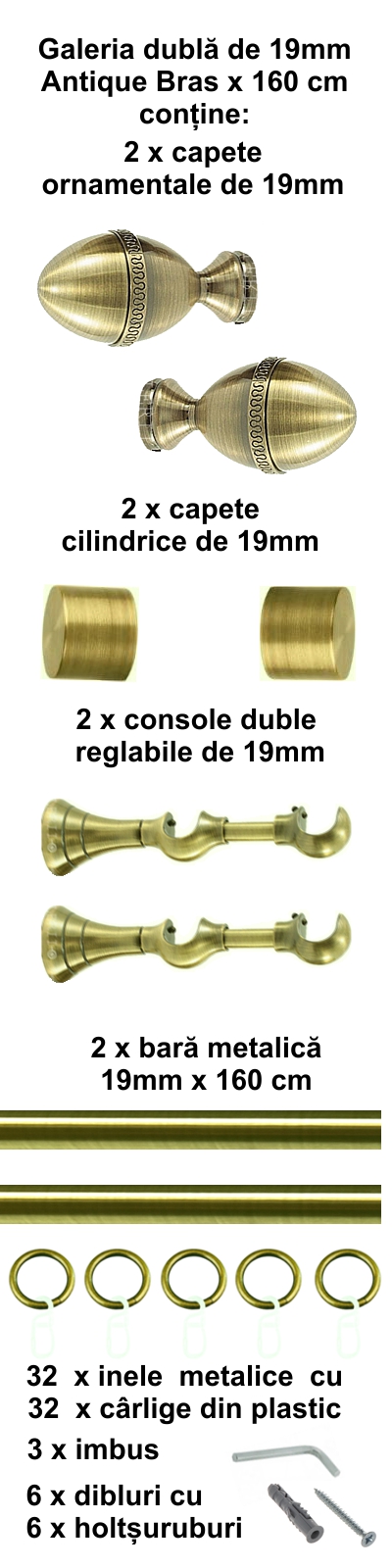 Galerie metalica Cezar dubla 19 mm, antique brass (auriu antic) - imagine 2